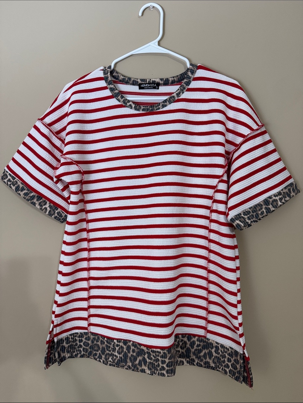 HEIMISH USA Red and White Striped Short Sleeve Top with Leopard Trim